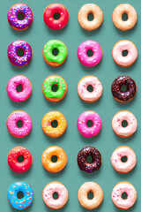Colorful Donuts Flat Lay On A Plain Color Background created with generative ai technology