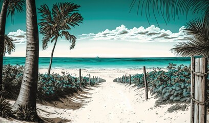  a painting of a beach scene with a path leading to the ocean and palm trees in the foreground and a blue sky with clouds in the background.  generative ai