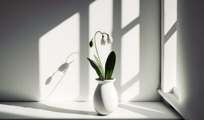  a white vase filled with flowers sitting on a window sill next to a window sill with a shadow cast on the wall behind it.  generative ai