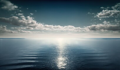 Fototapeta premium a large body of water under a cloudy sky with sun reflecting on the water and clouds in the sky over the water are white and blue. generative ai