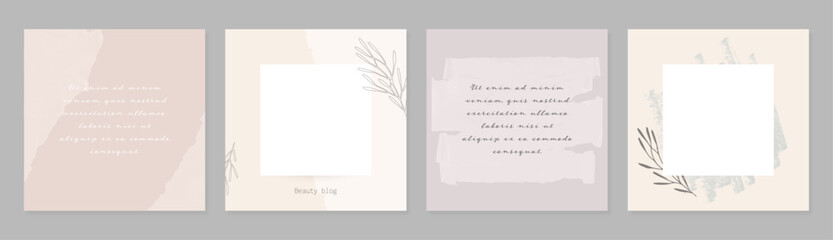 Minimal social media post layouts with ripped torn paper texture and botanical elements. Beauty, cosmetics, skin care or fashion blog