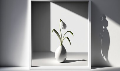  a white vase with a flower in it sitting in a shadow filled room with a shadow cast on the wall and a shadow cast on the wall.  generative ai