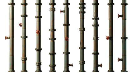 metal pipes with valves, collection of connectors and rivets, isolated on transparent background