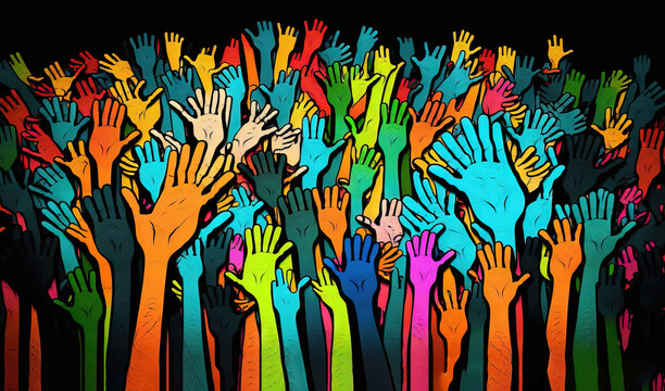  a large group of people with their hands up in the air, with a black background and a multicolored image of hands in the air.  generative ai