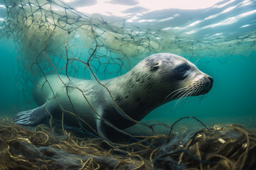 A baby seal trapped in plastic debris floating in the North Pacific, underwater photography. The concept of an ecological disaster caused by plastic garbage. Generative ai