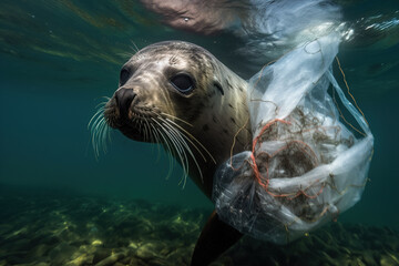 A baby seal trapped in plastic debris floating in the North Pacific, underwater photography. The concept of an ecological disaster caused by plastic garbage. Generative ai