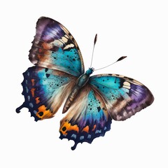 Watercolor illustration of a colored butterfly on white background. Generative AI.
