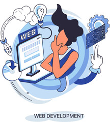 Web development metaphor, coding and programming responsive layout internet site or app of devices. Creation digital Software mobile, desktop platforms. Computer code, tablet, phone, digital business
