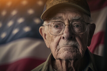 elderly veteran on the background of the American flag - obrazy, fototapety, plakaty
