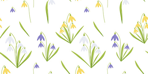 Fototapeta premium Vector seamless pattern with white, yellow, purple snowdrops and green leaves on a transparent background.