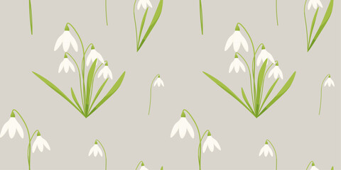 Fototapeta na wymiar Vector seamless pattern with white snowdrops and green leaves.