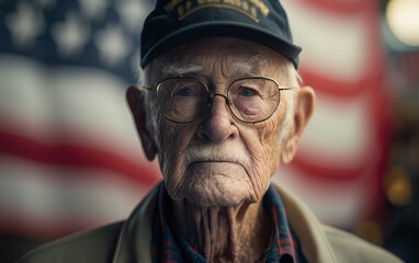 elderly veteran on the background of the American flag. generative AI - obrazy, fototapety, plakaty