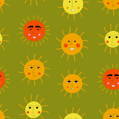 Smiling sun, abstract personage, mascot design, funny face, cute icon.