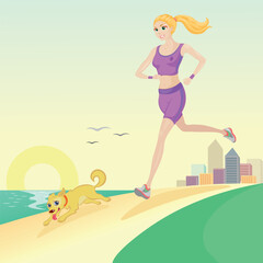 Obraz na płótnie Canvas Morning run is the key to health and good mood for the whole day, vector illustration, background, girl, sun, sport, dog, life style, city, healthy lifestyle 