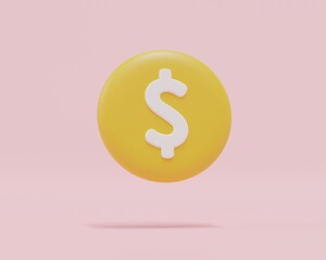cartoon golden coin on pink background, Golden coins currency. 3D rendering