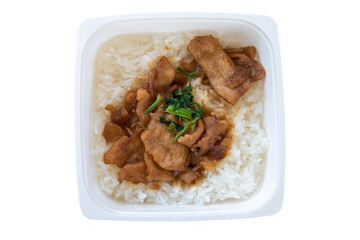 Fried sliced chicken with garlic and pepper over rice in white box isolated on white background. Instant Food Ready to Eat.
