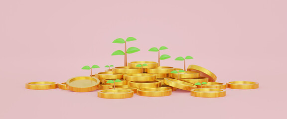 Stack of golden coins with trees. Business investment, financial growth concept. 3D rendering