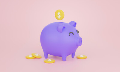Cartoon golden coin and purple piggy bank on pink background, financial growth and saving money concept. 3D rendering