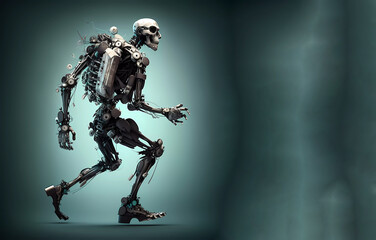 Robot, robotic androit skeleton on a light background. Banner. Copy space. AI generated