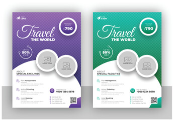 Flyer design and brochure cover page template for travel agency vacation offer discount trip in a4 size vector format