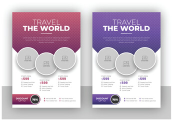 Flyer design and brochure cover page template for travel agency vacation offer discount trip in a4 size vector format