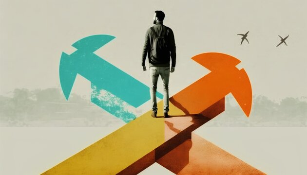 Person standing at crossroads in a stylized, collage style illustration, facing the challenge of making a decision about life, career, and future direction. Choices in personal growth. Generative AI
