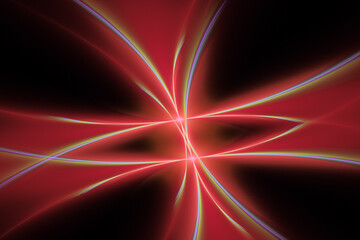 Red cross pattern of crooked rays on a black background. Abstract fractal 3D rendering