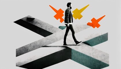 Person standing at crossroads in a stylized, collage style illustration, facing the challenge of making a decision about life, career, and future direction. Choices in personal growth. Generative AI - obrazy, fototapety, plakaty