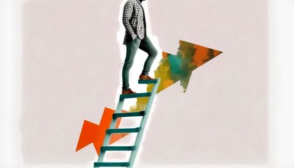 Stylized collage concept of a person feet stepping upward on a ladder, representing growth, career development, and personal achievements through determination and hard work. Generative AI