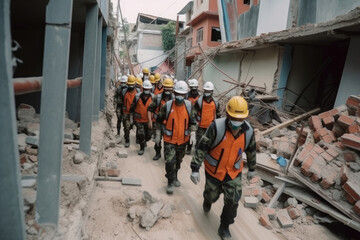 Rescue mission after the earthquake, men in protective uniform and helmets. Generative AI