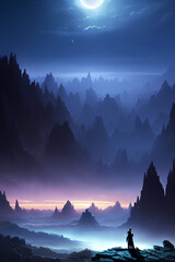 Breathtaking Beautiful Alien Fantasy Landscape Of An Unknown Planet At Night, created with generative ai technology