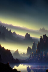 Breathtaking Beautiful Alien Fantasy Landscape Of An Unknown Planet At Night, created with generative ai technology