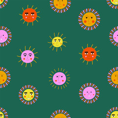 Smiling sun, abstract personage, mascot design, funny face, cute icon.