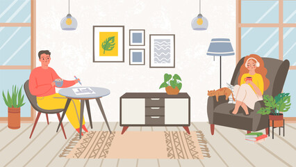 People at homes, spend weekend do hobby