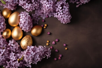 Golden and purple Easter eggs and lilac flowers on a dark background with copy space. Illustration generated by AI.