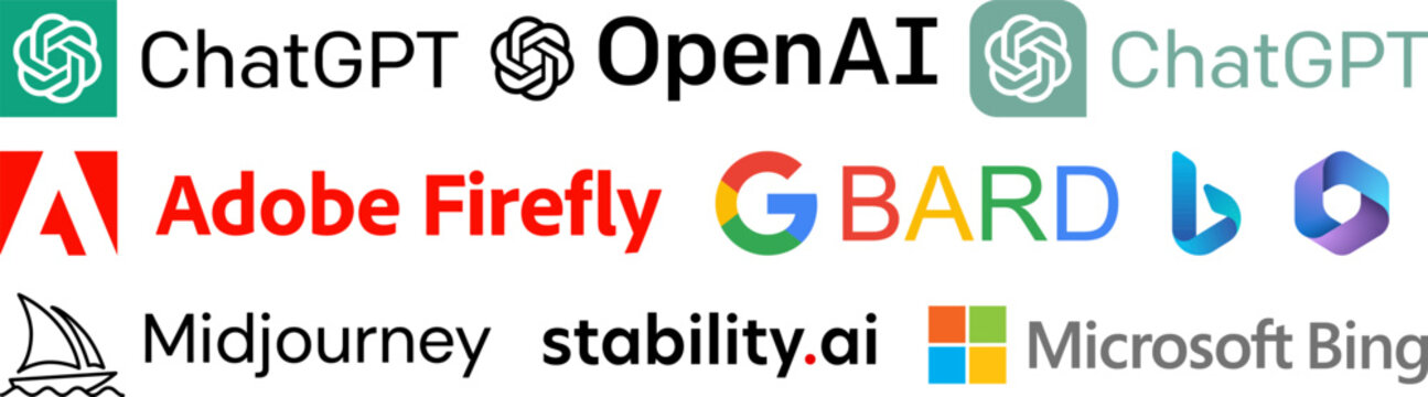 AI tools logo set. ChatGPT chatbot, Adobe Firefly, OpenAI, Google Bard, Midjourney, Stability AI, Microsoft Bing. Vector editorial illustration
