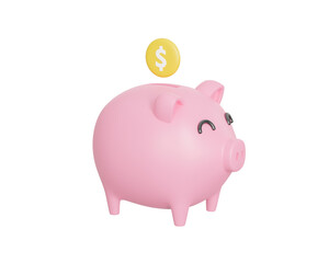 Cartoon golden coin and pink piggy bank on white background, financial growth and saving money concept. 3D rendering