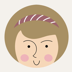 Feminine look, abstract personage, mascot design, funny face, cute icon.