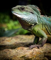 Closeup shot of a green Iguana sunbathing and resting on a rock on the blurred background