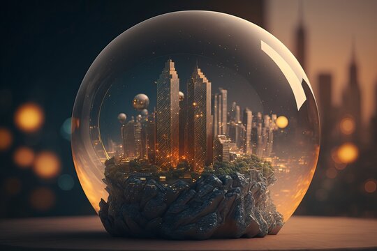 crystal ball with a skyscraper city skyline in it, ont a table, with a big city in background
