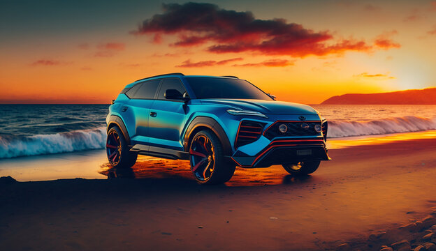 carro esportivo em lindo por do sol na praia 