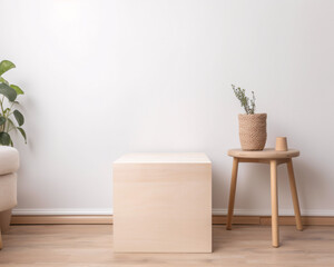 Wooden pedestal for product display in a modern home. Pedestal with white modern background .Generative AI
