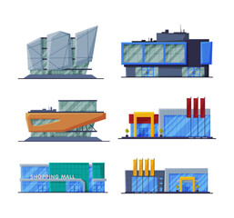 Shopping Mall Buildings of Various Design Vector Set