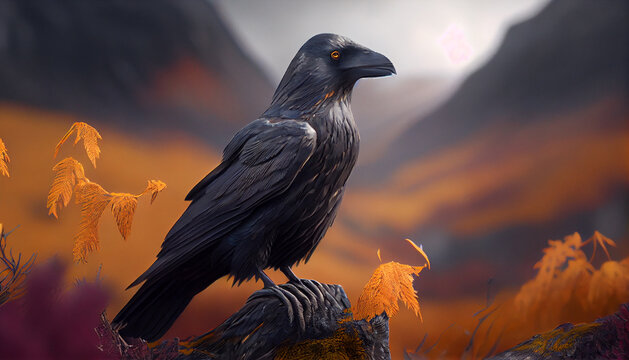 Common raven sitting on mossed branch in autumn nature