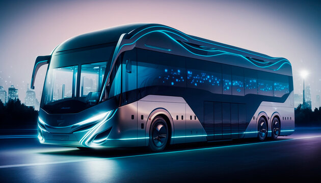 A luxurious and electric bus with metallic color and blue leds, generative ai