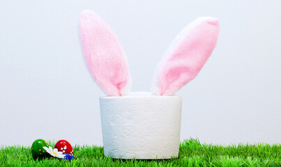 easter bunny and eggs. Rabbit ears peek from toilet paper. Bunny ears out of toilet paper roll....