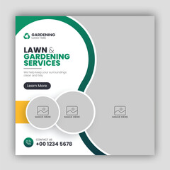 Lawn or gardening service social media post banner square flyer design and web banner template