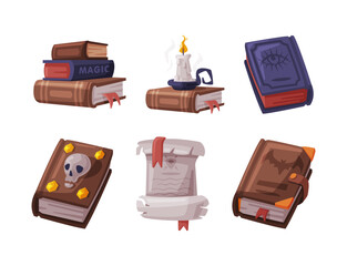 Spellbooks as Occult Magic Object for Mystic Rituals and Witchcraft Vector Set
