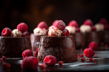 Fototapeta na wymiar Delicious luxury foam cakes with raspberries and chocolate, ai generative