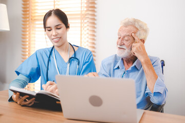 Fototapeta premium doctor or professional nurse support elderly person at home, senior man patient in health care insurance, medicals caregiver assistance help to old adult retirement business man with disease